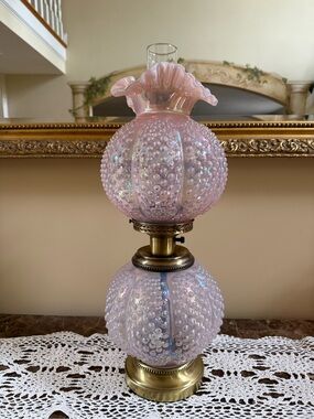 RARE Fenton Pink Chiffon Hobnail Opalescent Ruffled Edge GWTW Lamp
